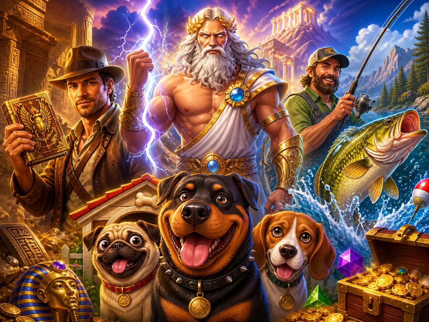 A vibrant illustration showcasing fantasy creatures, mythological elements, and animal characters in a rich slot game environ